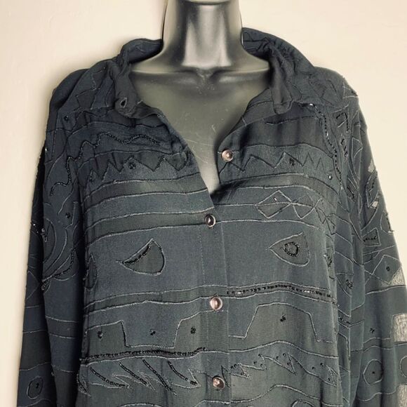 VTG Chico’s Black Beaded Oversized button Up Tunic Swim Cover Up Split Hem 3 XL - Picture 11 of 16